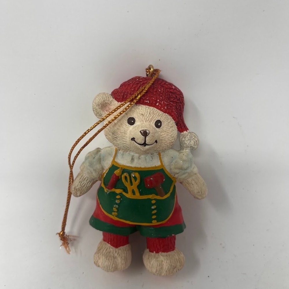 Vintage Christmas Village Workshop Teddy Bear Ornament Red White Green Resin